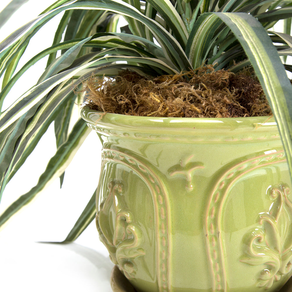 Green Planter with Faux Plant