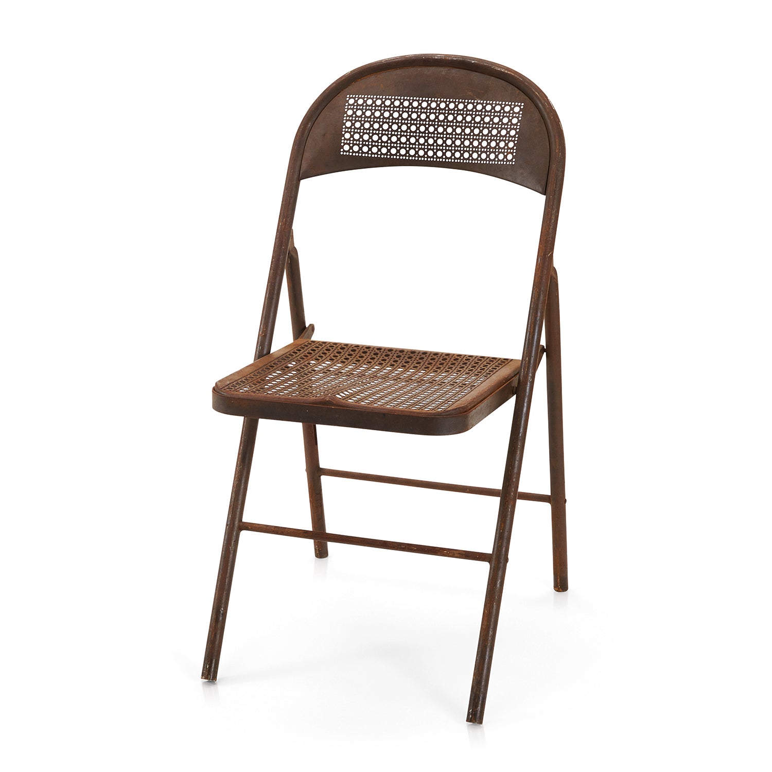 Brown Metal Perforated Folding Chair - Gil & Roy Props