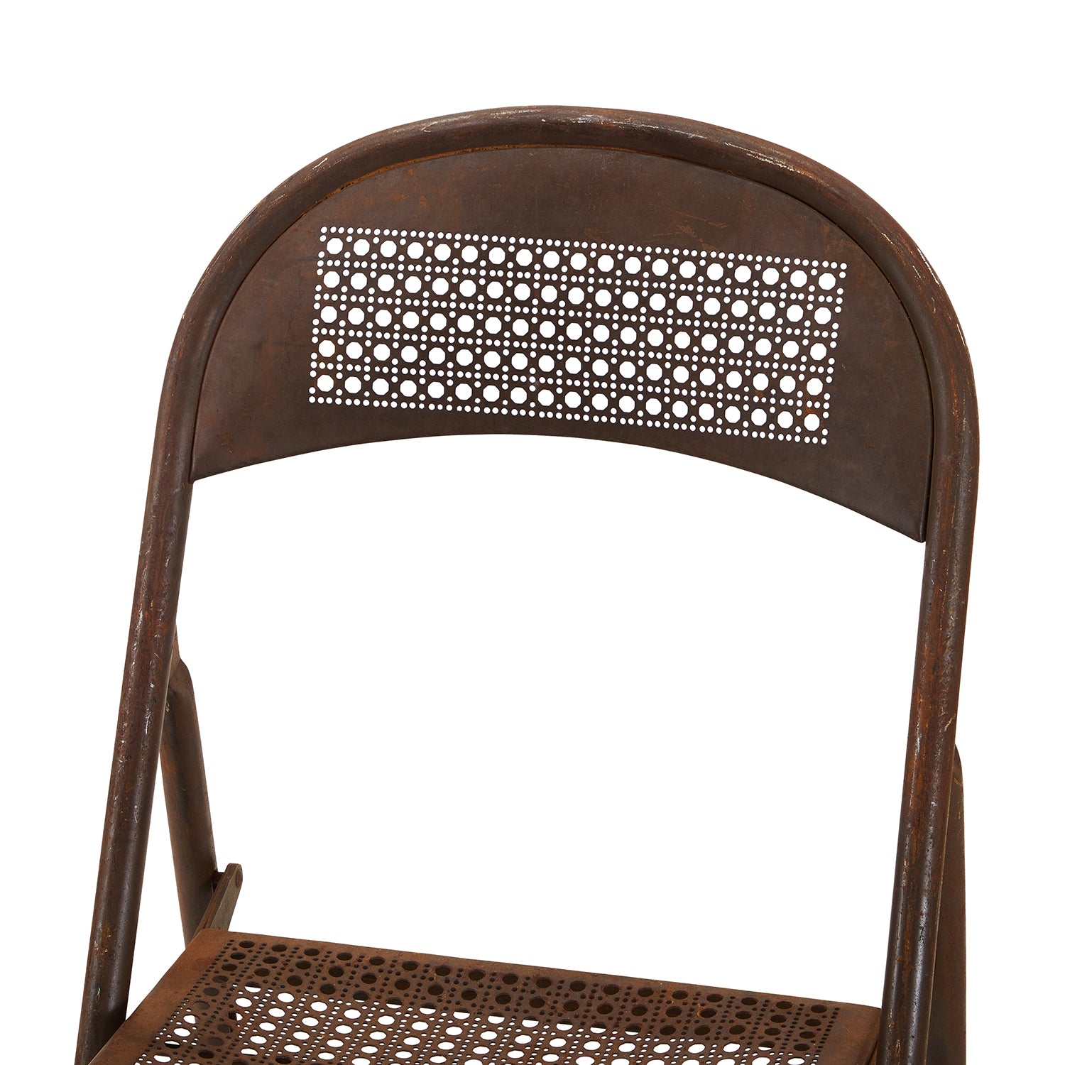 Brown Metal Perforated Folding Chair - Gil & Roy Props