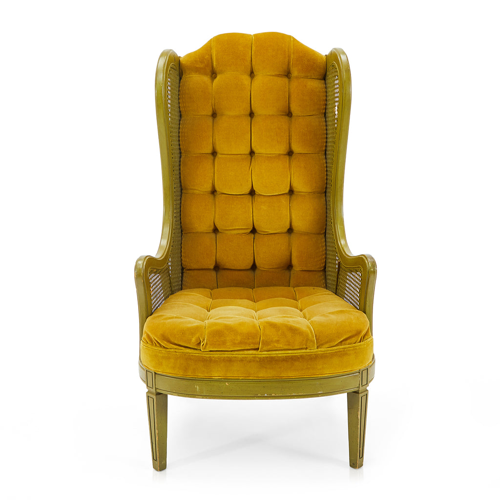 Yellow Velvet & Green Wood Tufted Hi-Back Chair