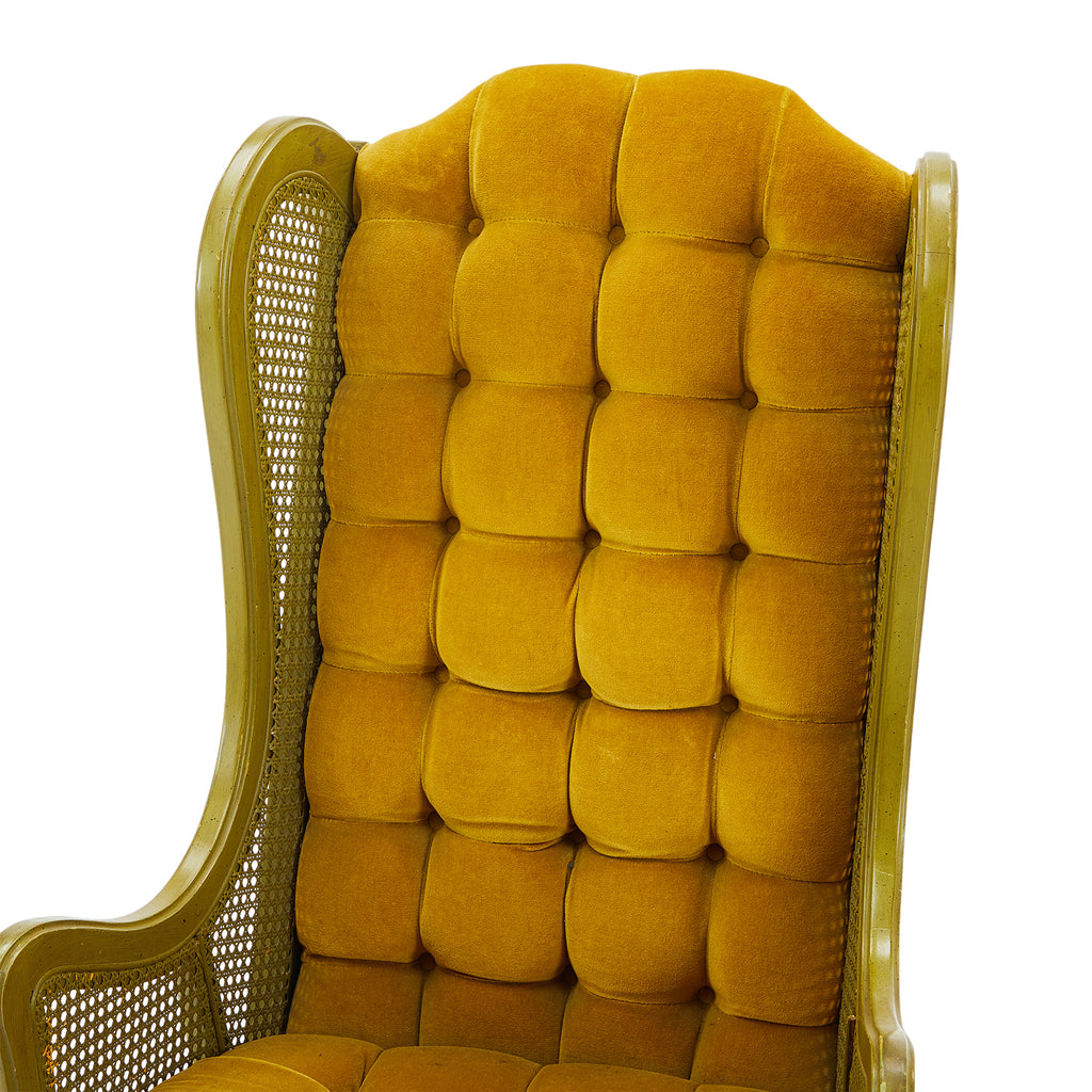 Yellow Velvet & Green Wood Tufted Hi-Back Chair
