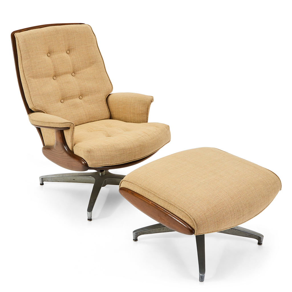 Tan Fabric Heywood Wakefield Lounge Chair w/ Ottoman