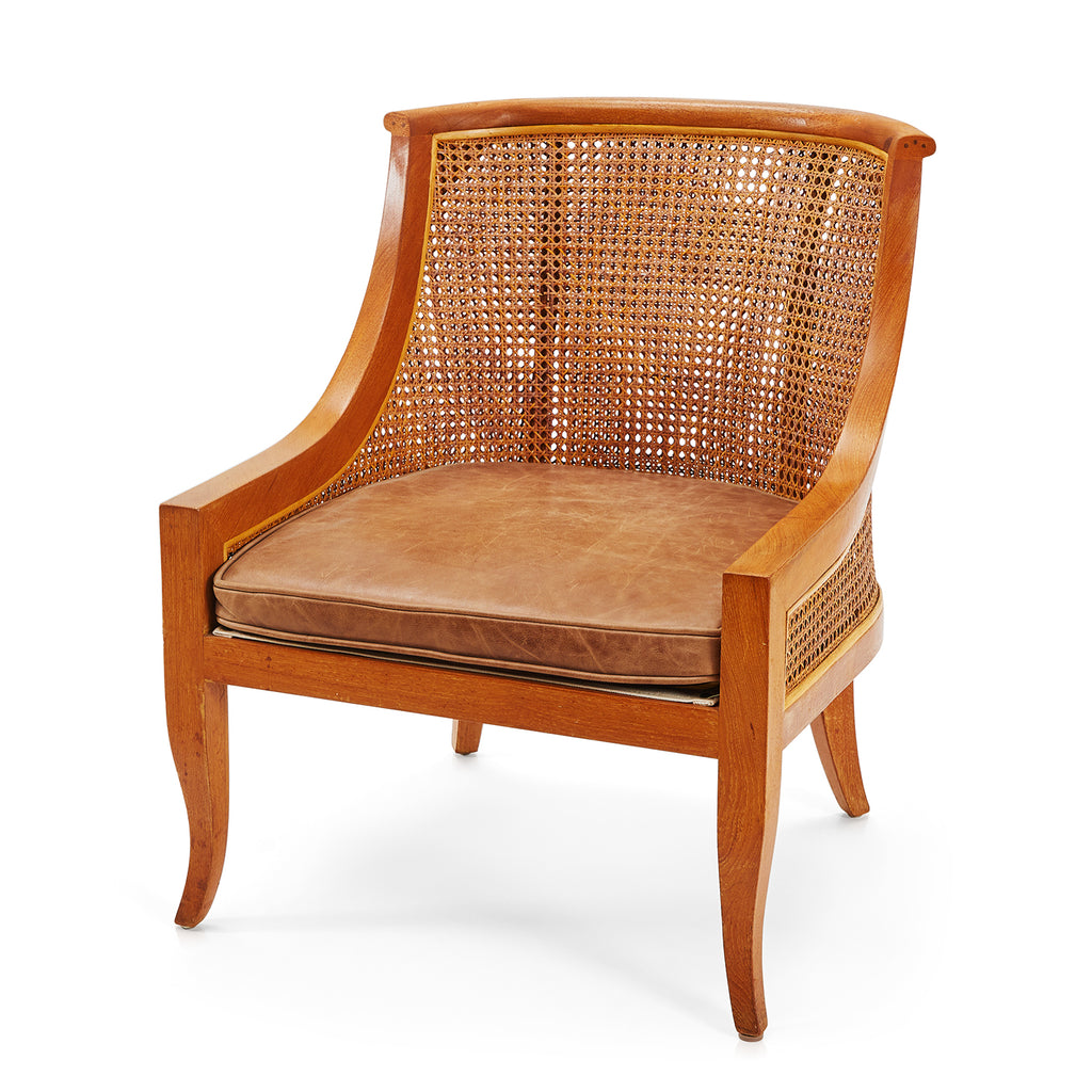 Cane & Wood Vintage Arm Chair with Brown Leather Seat