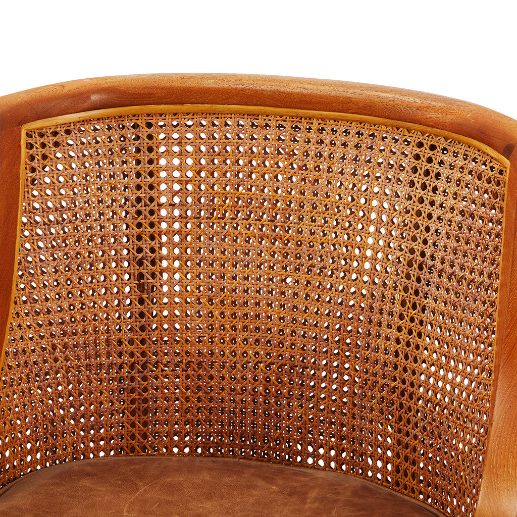 Cane & Wood Vintage Arm Chair with Brown Leather Seat