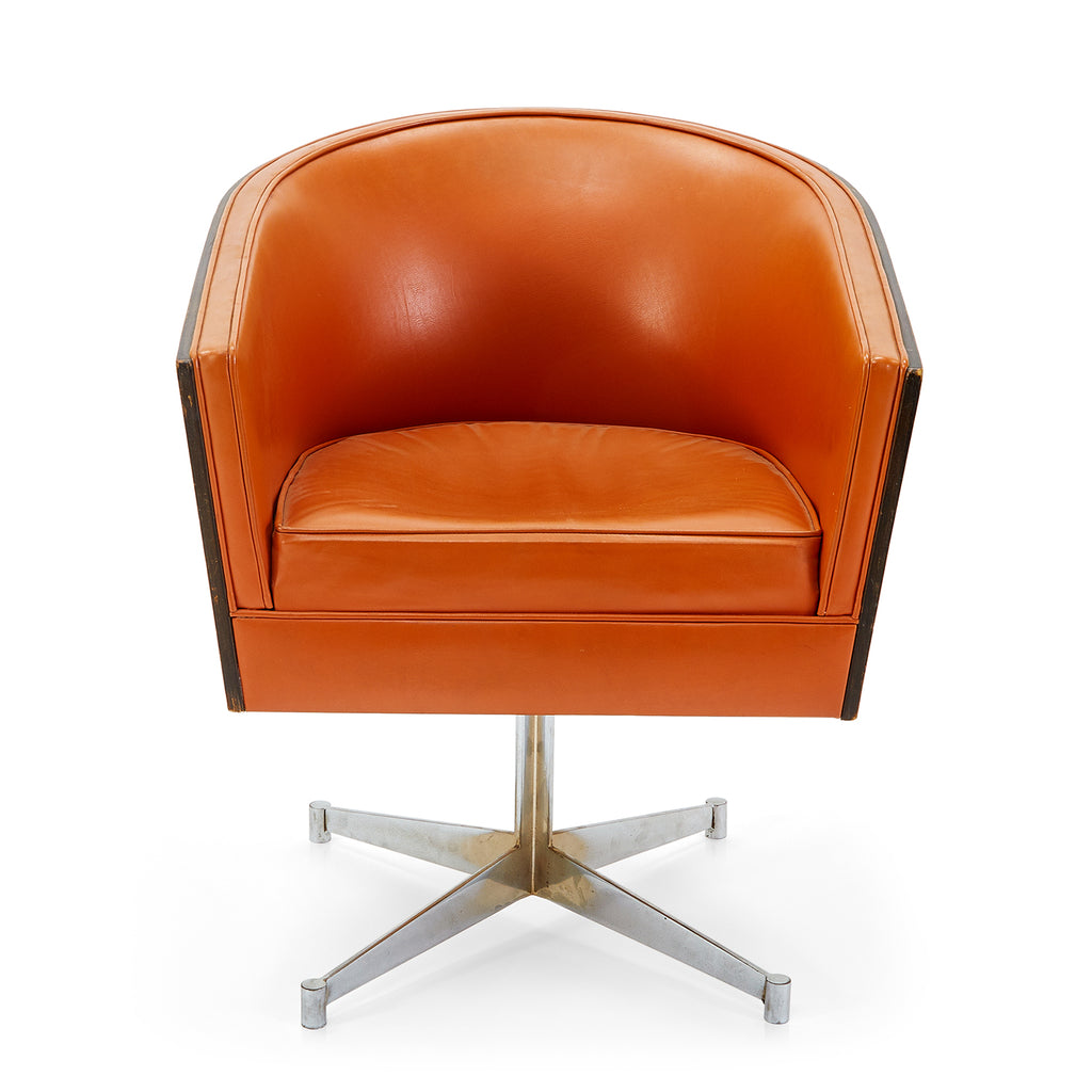 Orange Vinyl + Wood Back Swivel Barrel Chair