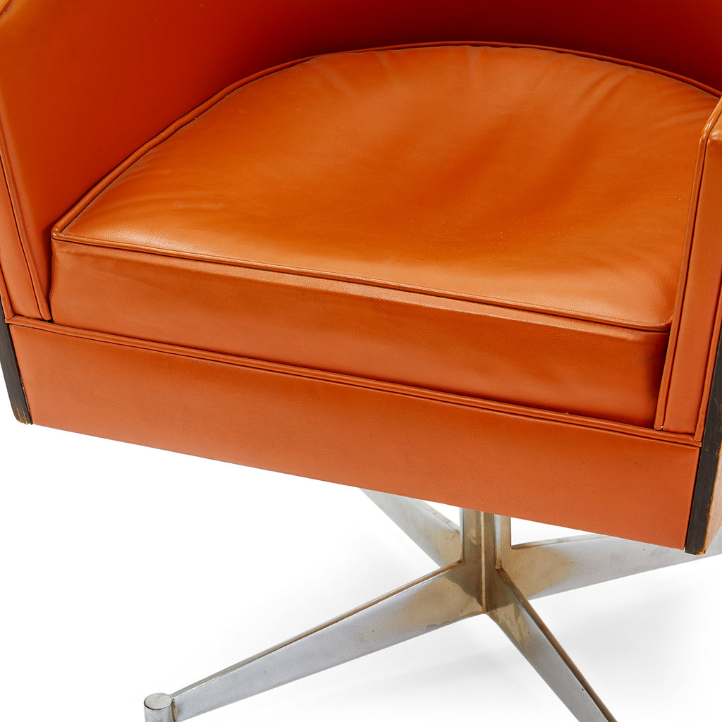 Orange Vinyl + Wood Back Swivel Barrel Chair