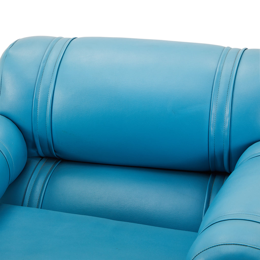 Blue Leather and Wood Overstuffed Armchair