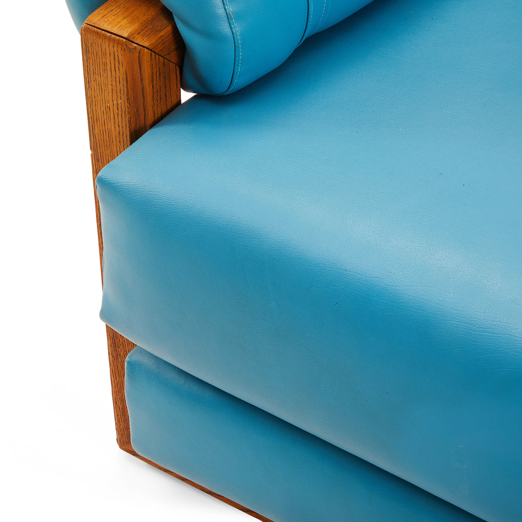 Blue Leather and Wood Overstuffed Armchair
