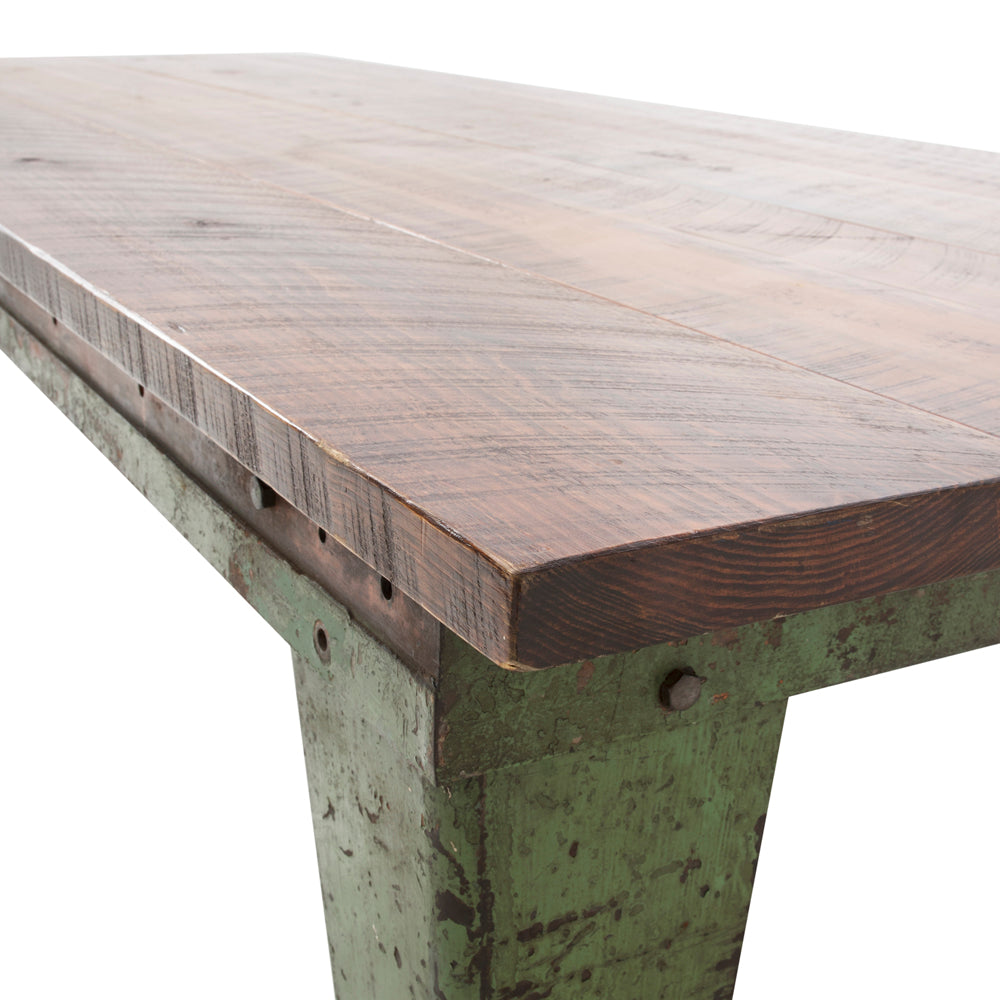 Wood & Green Metal Huge Rustic Schoolhouse Table