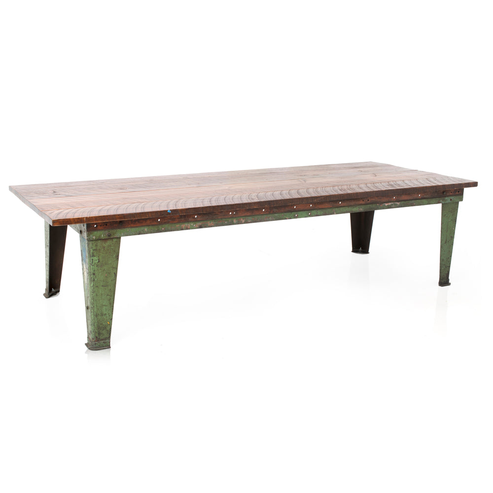 Wood & Green Metal Huge Rustic Schoolhouse Table