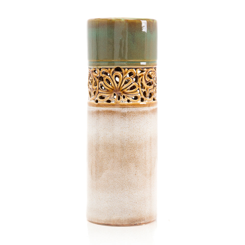 Cylindrical Green and White Vase