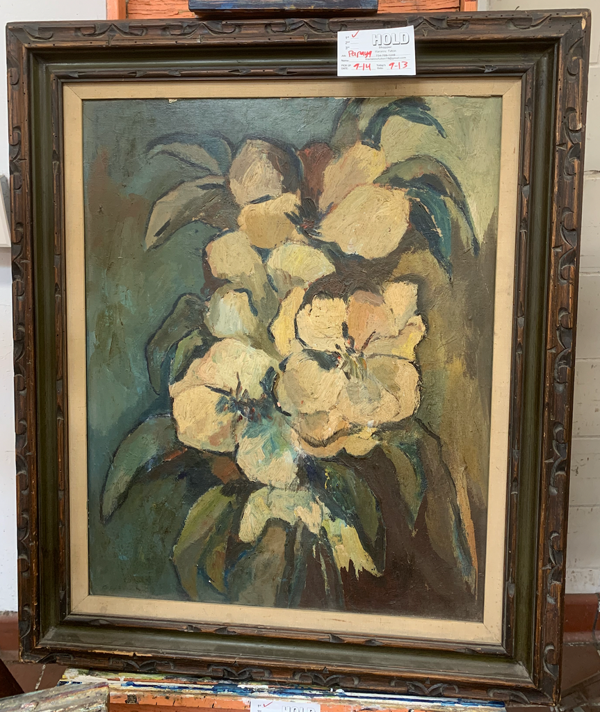 White Flower Painting in Dark Brown Wood Frame