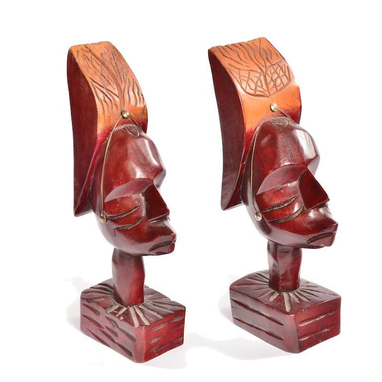 Pair of Red Wood African Bust Sculptures