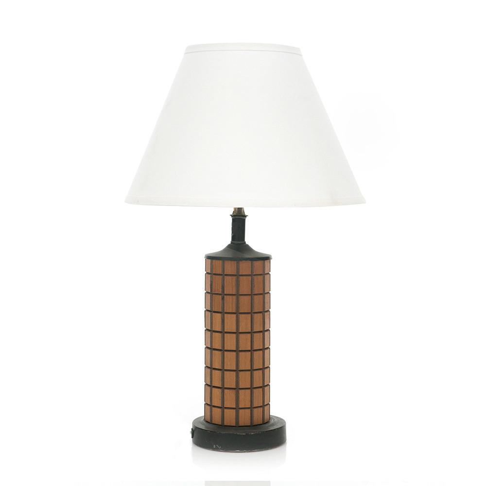Gridded Wood Base White Shade Table Lamp