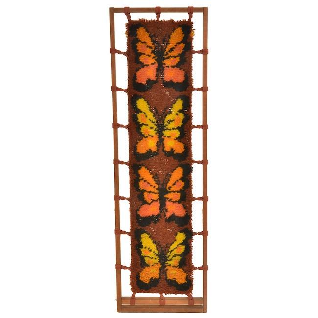 Brown Orange Butterfly Rug Art Tapestry in Wood Frame