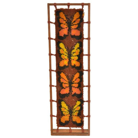 Brown Orange Butterfly Rug Art Tapestry in Wood Frame