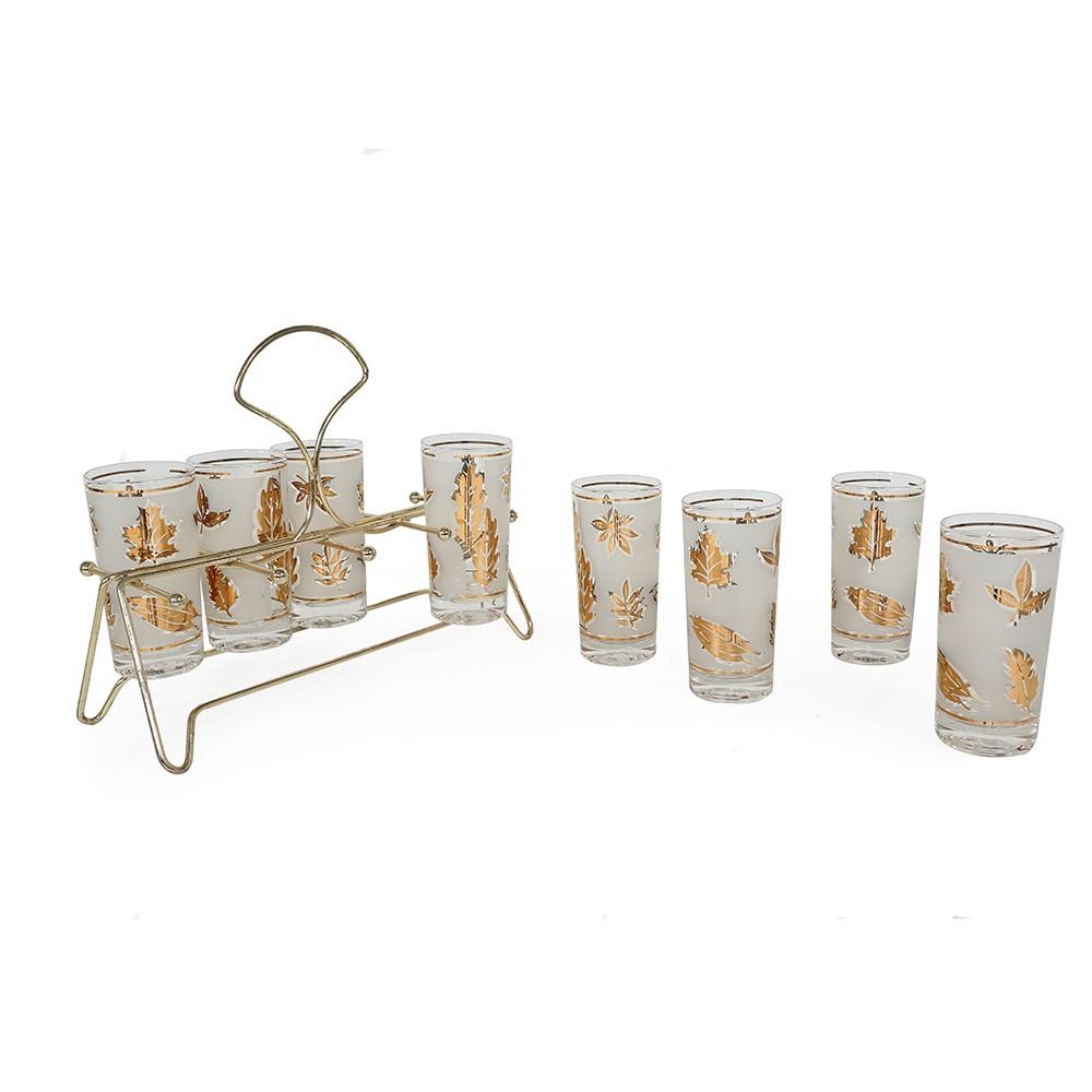 Set of 8 Frosted Gold Leaves Highball Glasses in Gold Rack