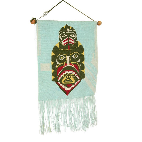 Small Light Blue Woven Green Mask Tapestry