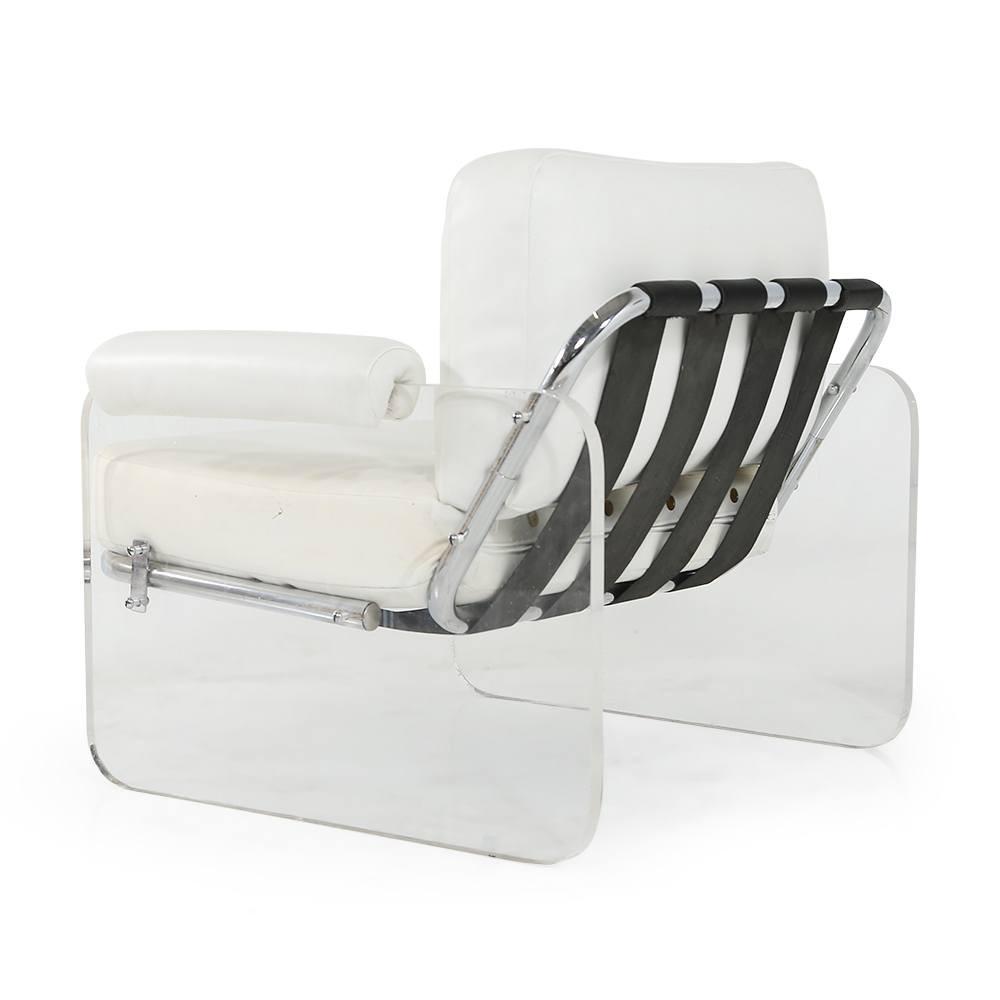 White Leather & Lucite Modern Lounge Chair
