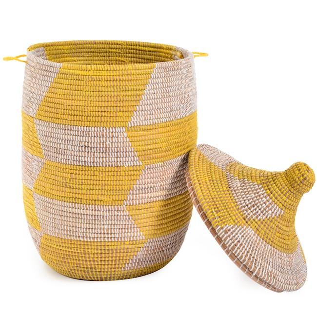 Yellow & White Large Checked Woven Basket with Lid (A+D)