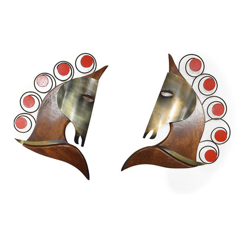 Pair of Wood + Brass Horse Head Wall Hangings