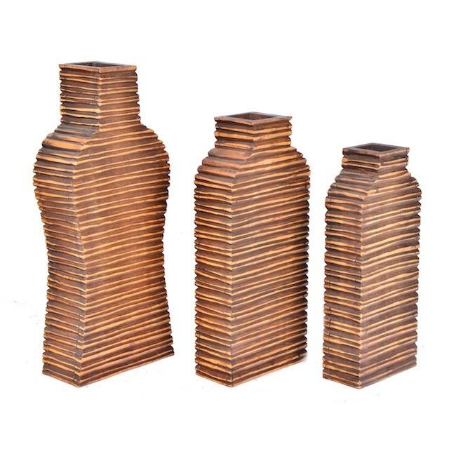 Brown Wood Striped Vases Set