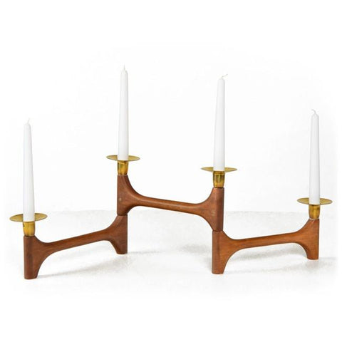 Wood Mid Century Teak Four Candle Holder