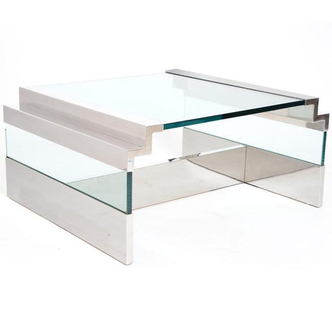 White & Chrome Glass Coffee Table with Stepped Sides