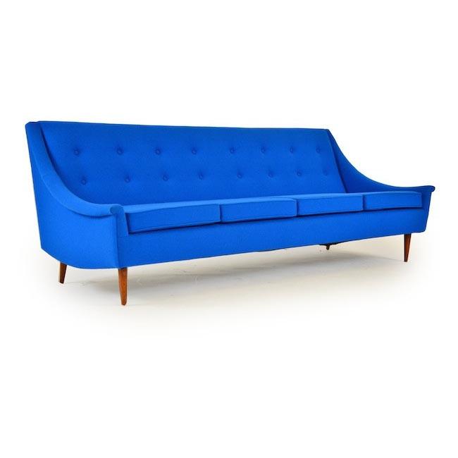 Bright Blue Sloped Arm Mid Century Sofa