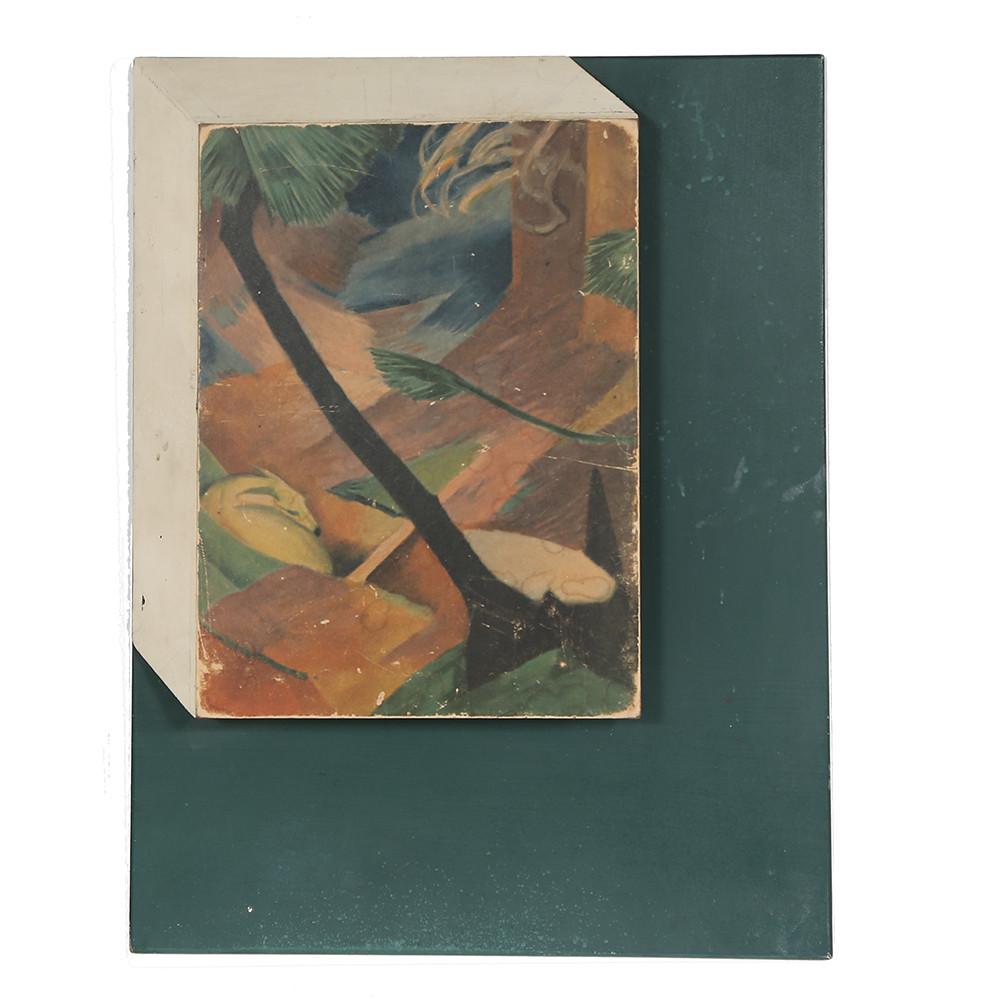 Small Vintage Asymmetrical Painting on Dark Green