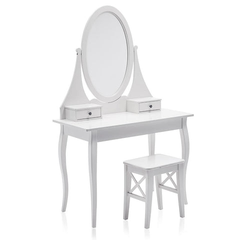 Contemporary White Oval Mirror Vanity and Matching Stool