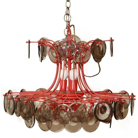 Red Metal Wire Chandelier with Smoked Glass Circles