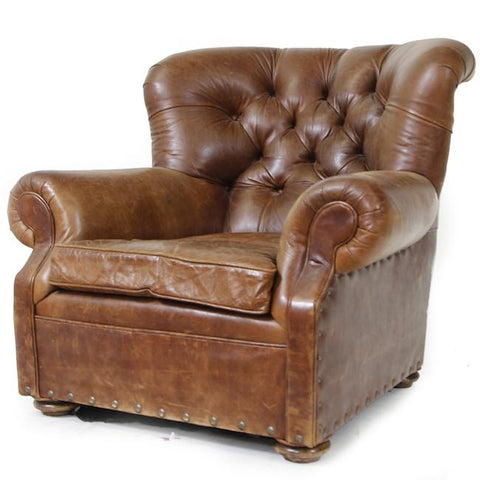 Brown Studded Tufted Leather Lounge Chair