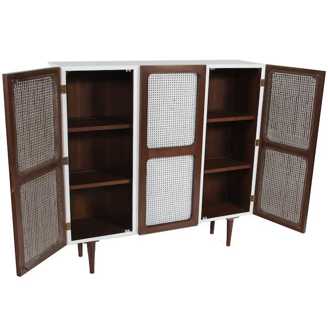 Wood Mid Century Cabinet with White Cane Doors
