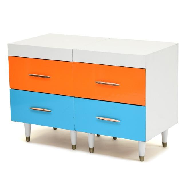 White Mod Dresser with Blue & Orange Drawers - Gil & Roy Props White Mod Dresser with Blue & Orange Drawers - Gil & Roy Props