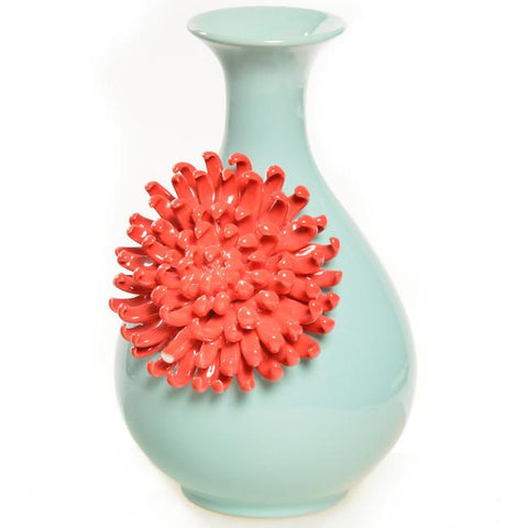 Blue Aqua Vase with Red Flower