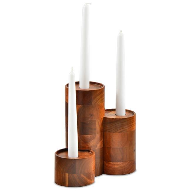 Brown Wood Cylinder Candle Holder Set