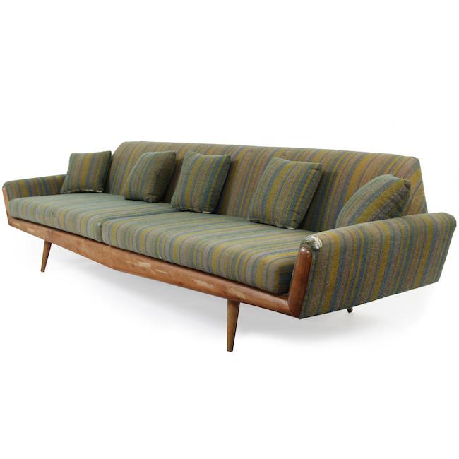 Green Stripe Fabric Danish Wood Sofa