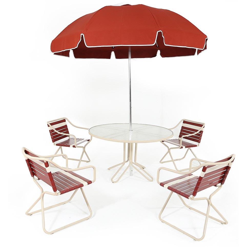 folding patio set umbrella Maroon Outdoor Patio Table + Chairs + Umbrella Set