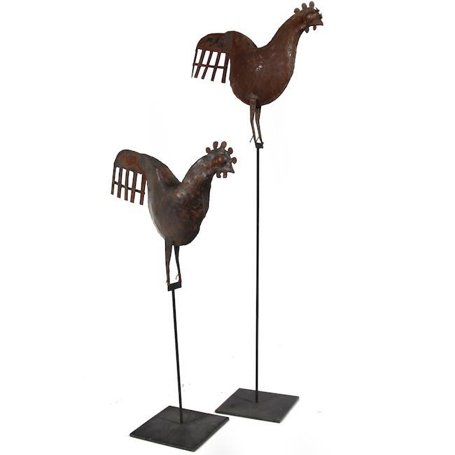 Pair of Brown Rusted Roosters on Stands