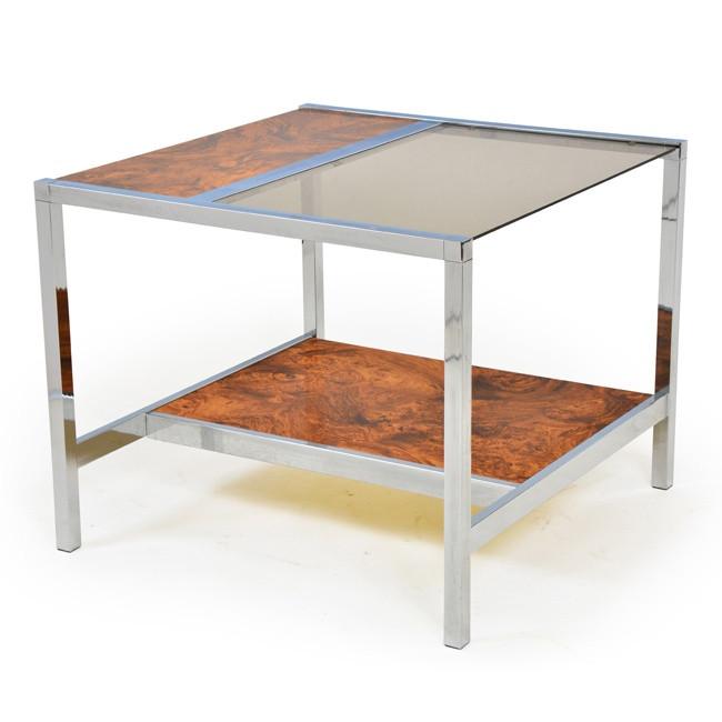 Chrome & Burl Wood Two Tier Side Table