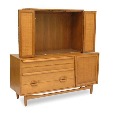 Tall Natural Wood Danish 2-Piece Credenza Cabinet