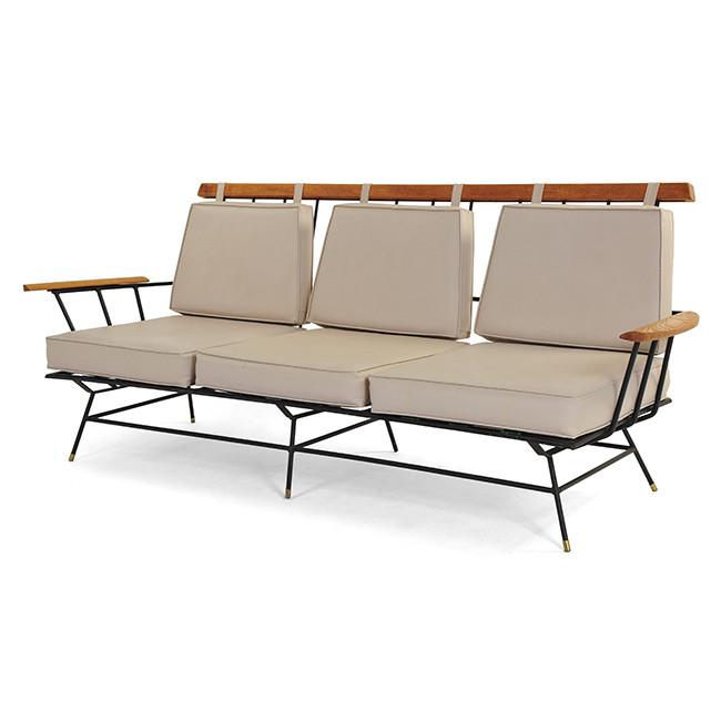 Beige Leather Outdoor Sofa with Black Wire Frame