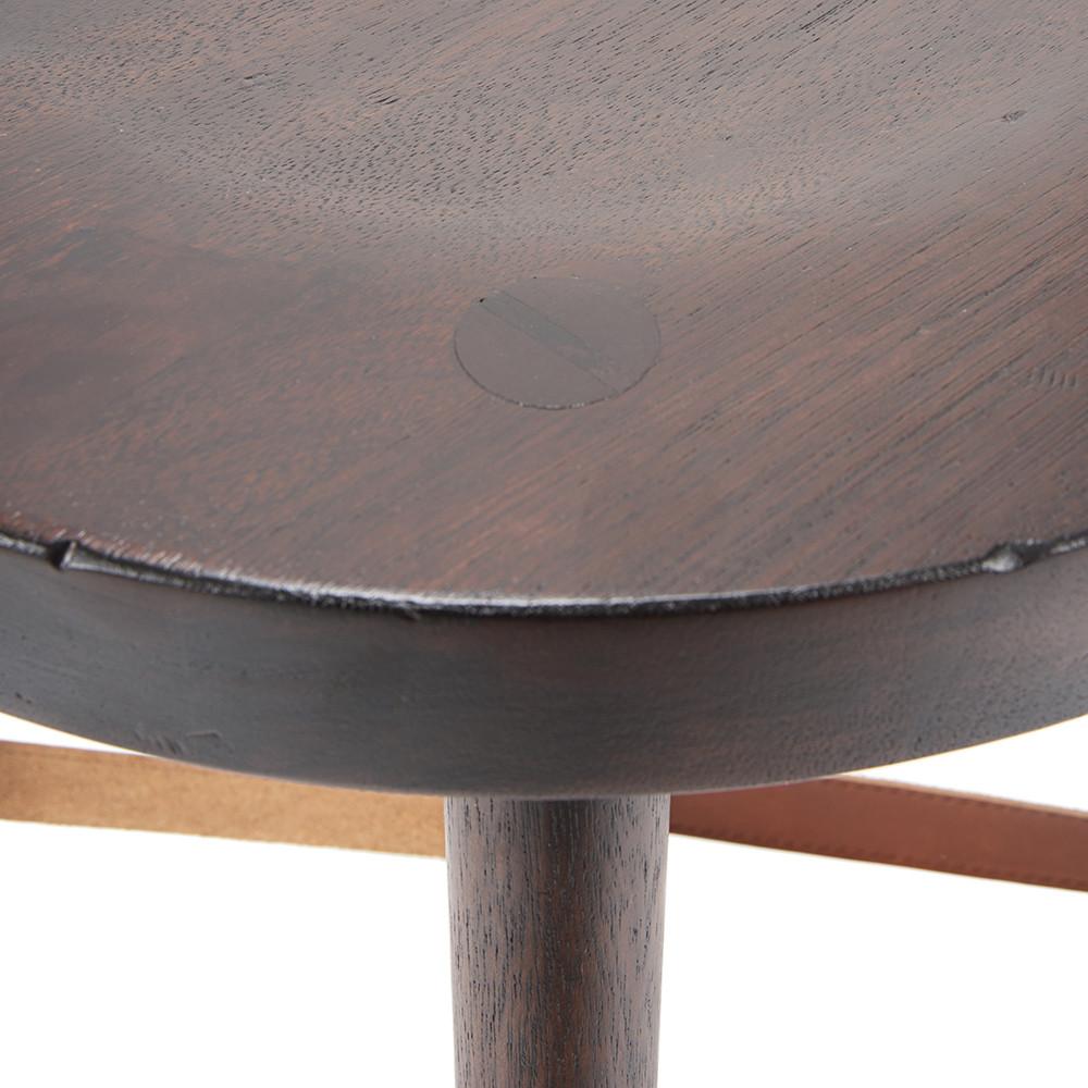 Short Dark Wood Stool w Leather Detail