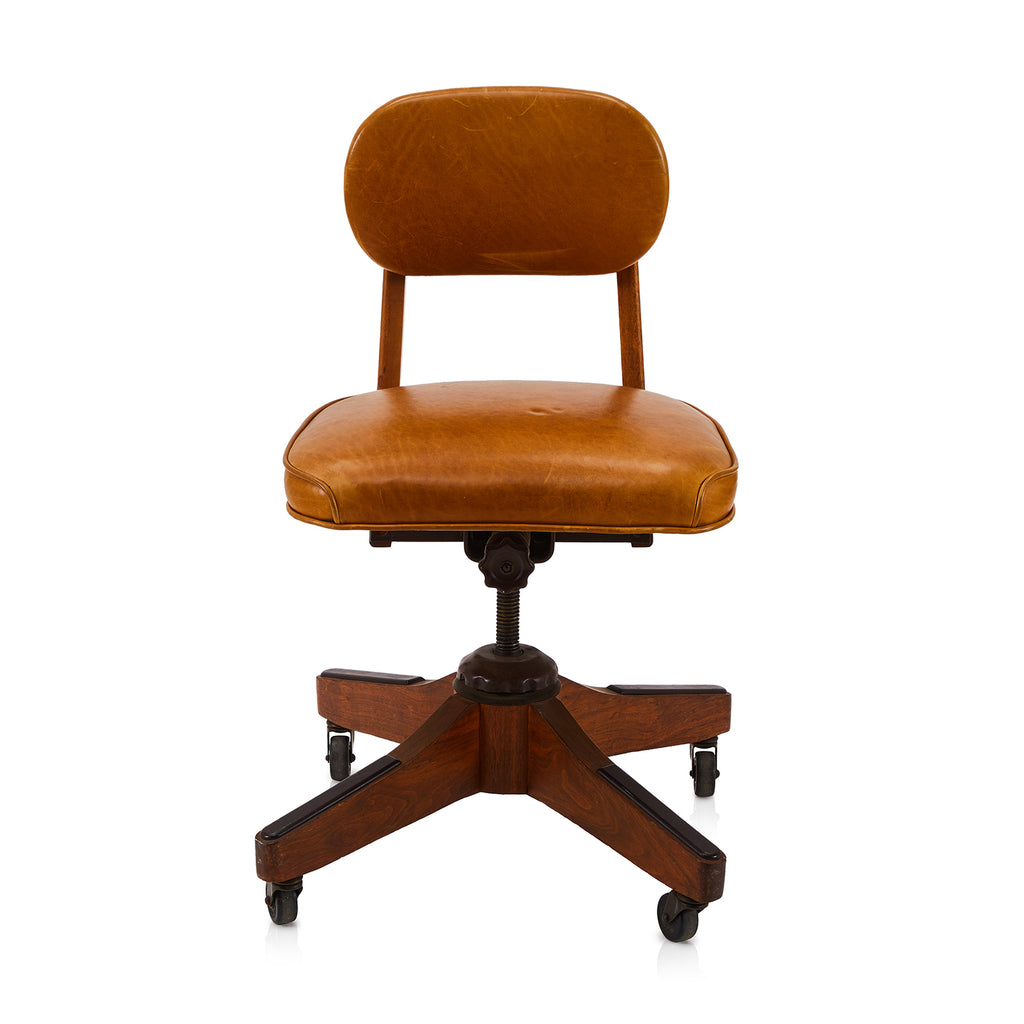 Brown Camel Leather Antique Rolling Desk Chair