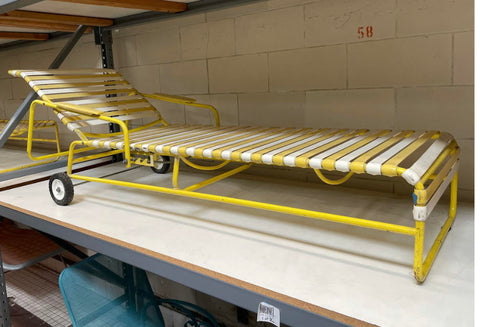Yellow and White Strap Outdoor Chaise Lounger w/ Wheels